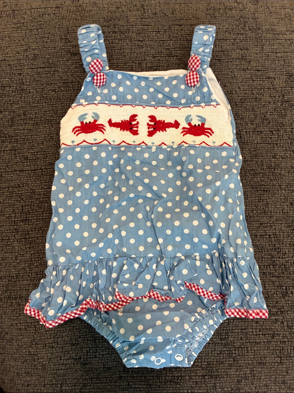 Blue Polka Dot Baby Romper with Crab Smocking